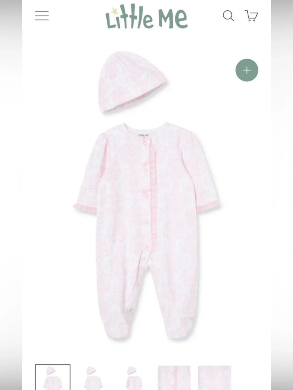 Little Me Pink Damask Footed One-Piece with Matching Hat NWT